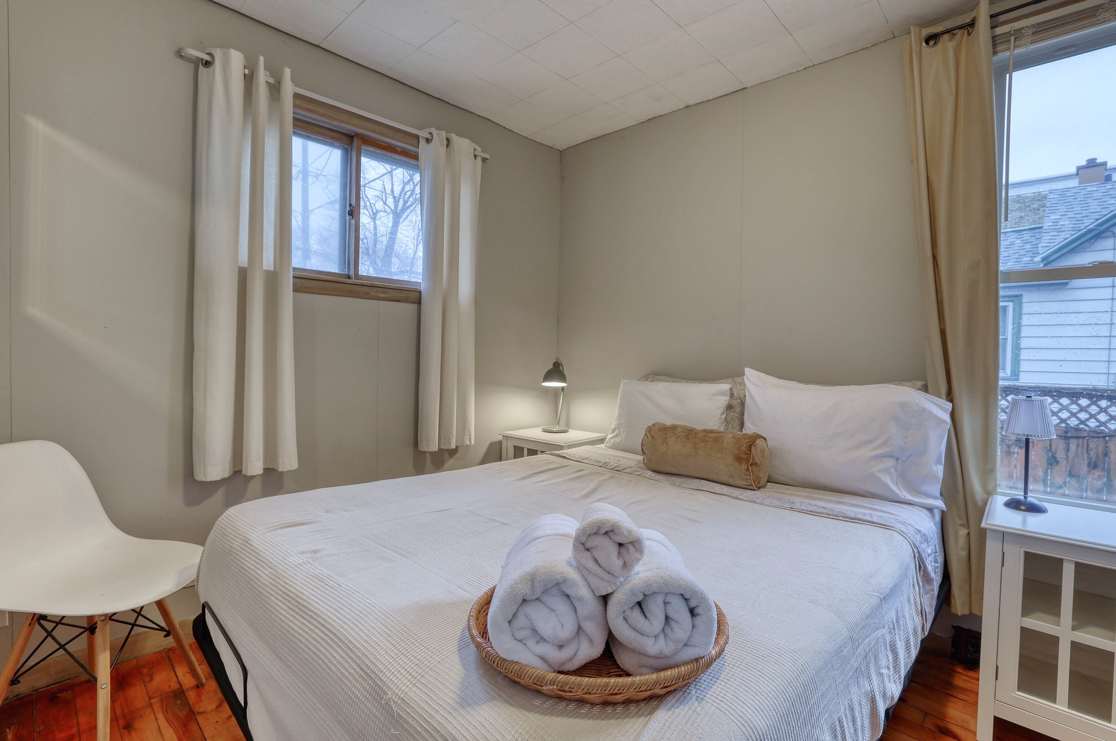 Bedroom with two queen beds and fireplace