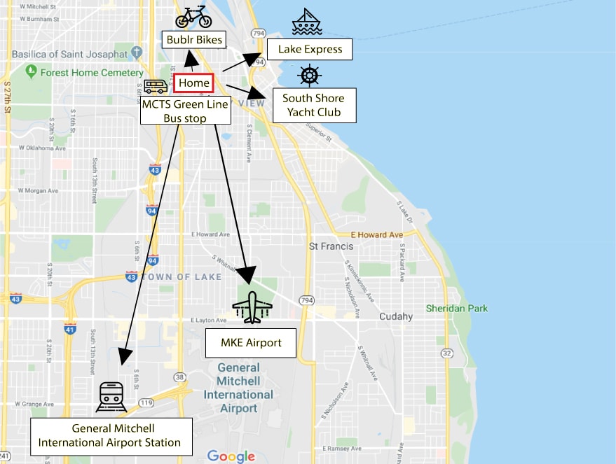 Map showing Sunny Multi Family location near South Shore Yacht Club, Lake Express ferry, and MKE Airport