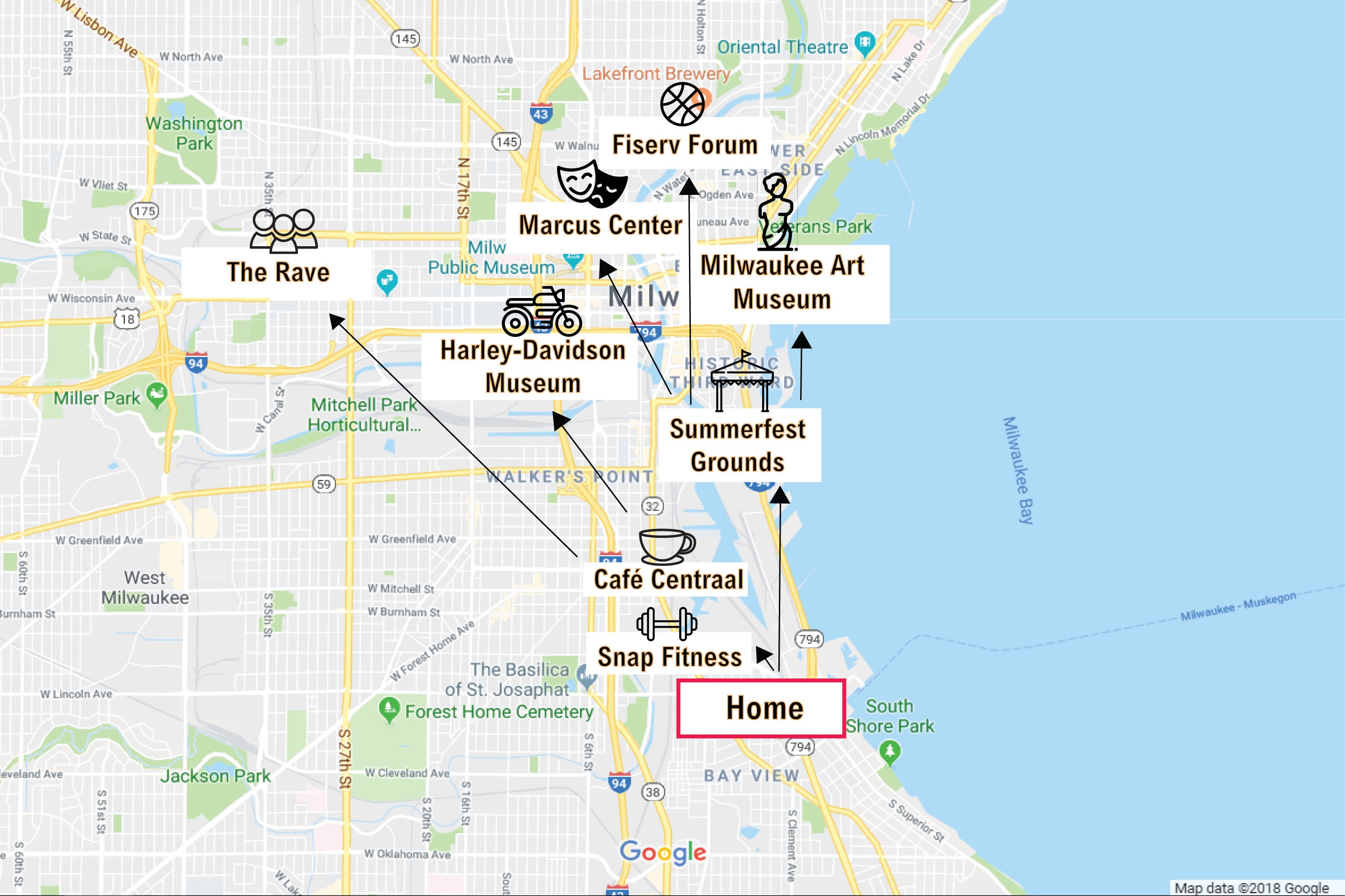 Map showing distances from Sunny Multi Family to Milwaukee attractions including Fiserv Forum, Milwaukee Art Museum, and Summerfest